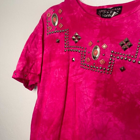 Crystal Hot Pink Studded Jewel Detailed Cuffed Short Sleeve Cotton Top XL - Picture 3 of 5